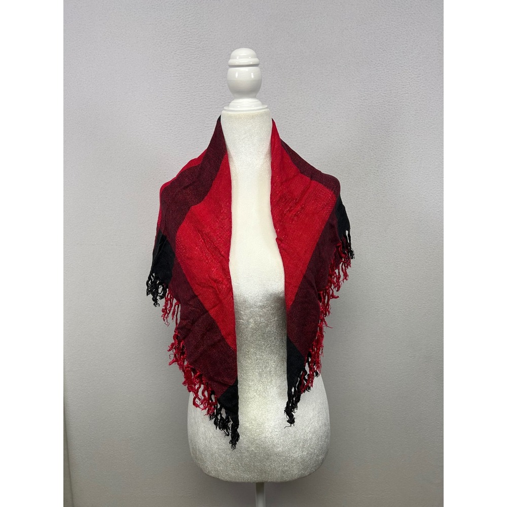 Rustic Cabin Womens OS Red Black Buffalo Plaid Fringed Square Scarf